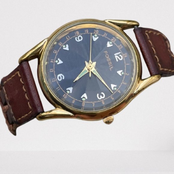 Fossil Other - Fossil Men Watch Gold Tone Case Pyramid Crystal Brown Braided Leather Band Analo